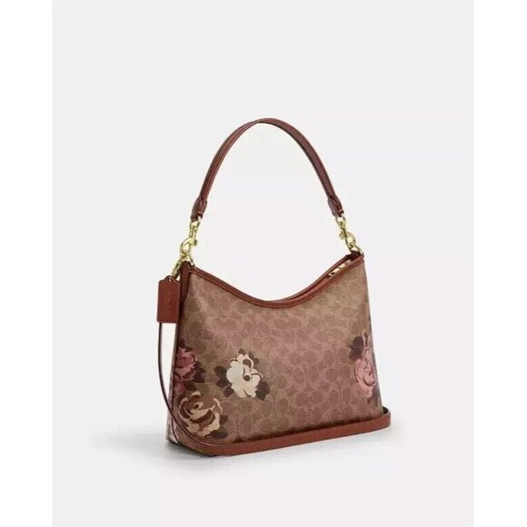 NWT Coach Laurel Shoulder Bag Signature Canvas Rose Print Brown Handbag Medium - Picture 3 of 4